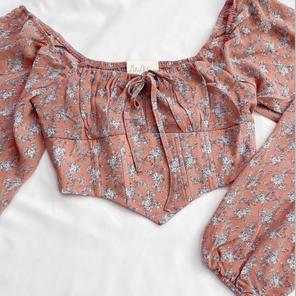 Floral Corset Top w/ Long Balloon Sleeves